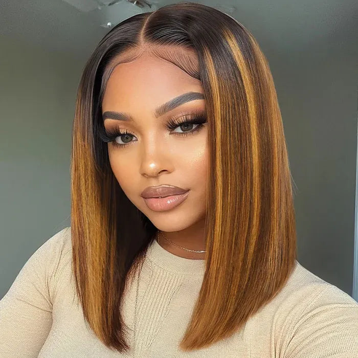 UNice Bye-Bye Knots 7x5 Lace Brown With Blonde Piano Highlights Blunt Bob Wig with Dark Roots
