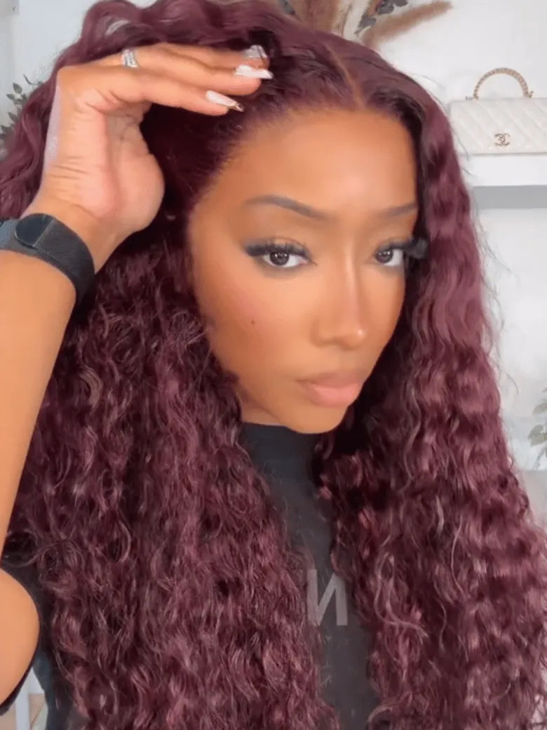 UNice 13x4 Bye-Bye Slip™ Lace Frontal Black Cherry Water Wave Glueless Drawstring Wig 100% Human Hair 150% Density