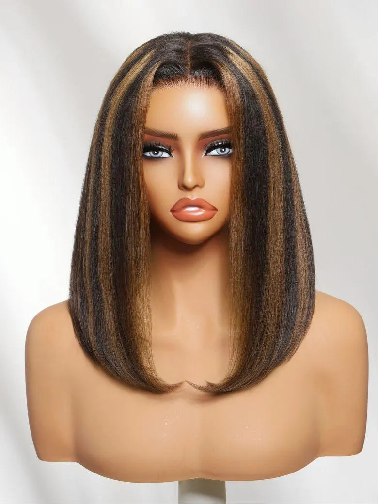 UNice 7x5 Bye-Bye Slip™ Lace Black with Caramel Highlights Side Part Yaki Straight Bob Wig