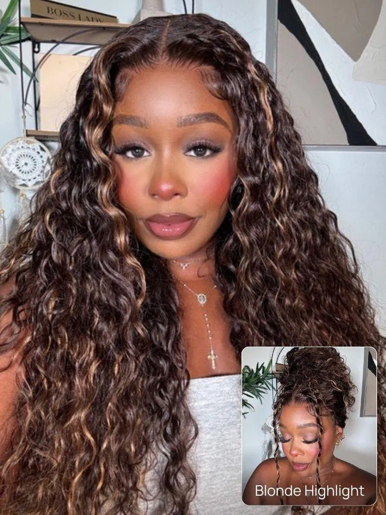 UNice 100% Human Hair Bye-Bye Knots™ 7x5 Lace Dark Toffee Brown with Auburn Highlights Water Wave Wig with Invisi Drawstring