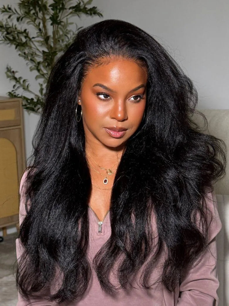 UNice 13x4 HD Real Scalp™ Wig Invisible Lace Frontal Black Kinky Straight Wig With Invisi Drawstring