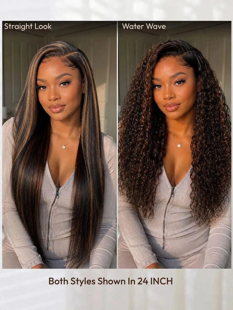 UNice Golden Brown Highlights Straight to Water Wave Wig Bye-Bye Slip™ 7×5 Lace Closure Glueless Glam-Ready 2-in-1 Styling Versatile Look