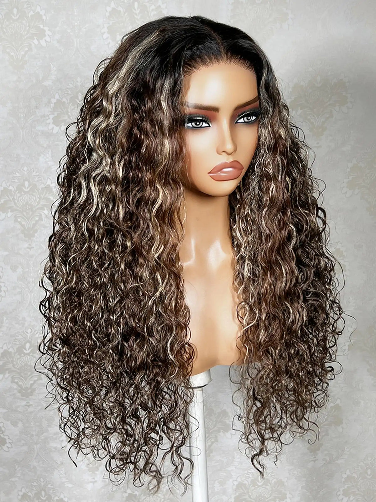 UNice Caramel Brown Highlights Water Wave Curly Bye-Bye Slip™ 7x5 Lace Glueless Full Volume Quality Human Hair Wig