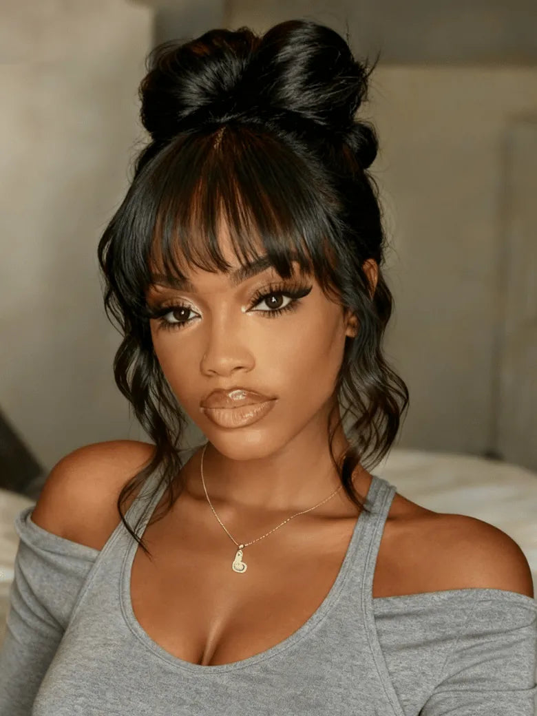 UNice Machine Made & 7x5 Bye Bye Slip™ Lace Yaki Human Hair Glueless Wispy Bangs  Natural Black Wig